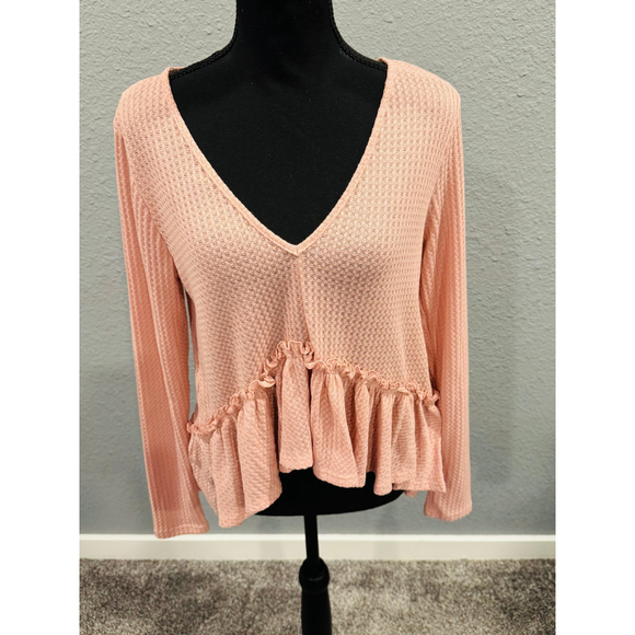 Peach Lane Pink Ruffle Hem Long-Sleeve Cropped Knit Top, Sz L, NEW - Picture 1 of 5